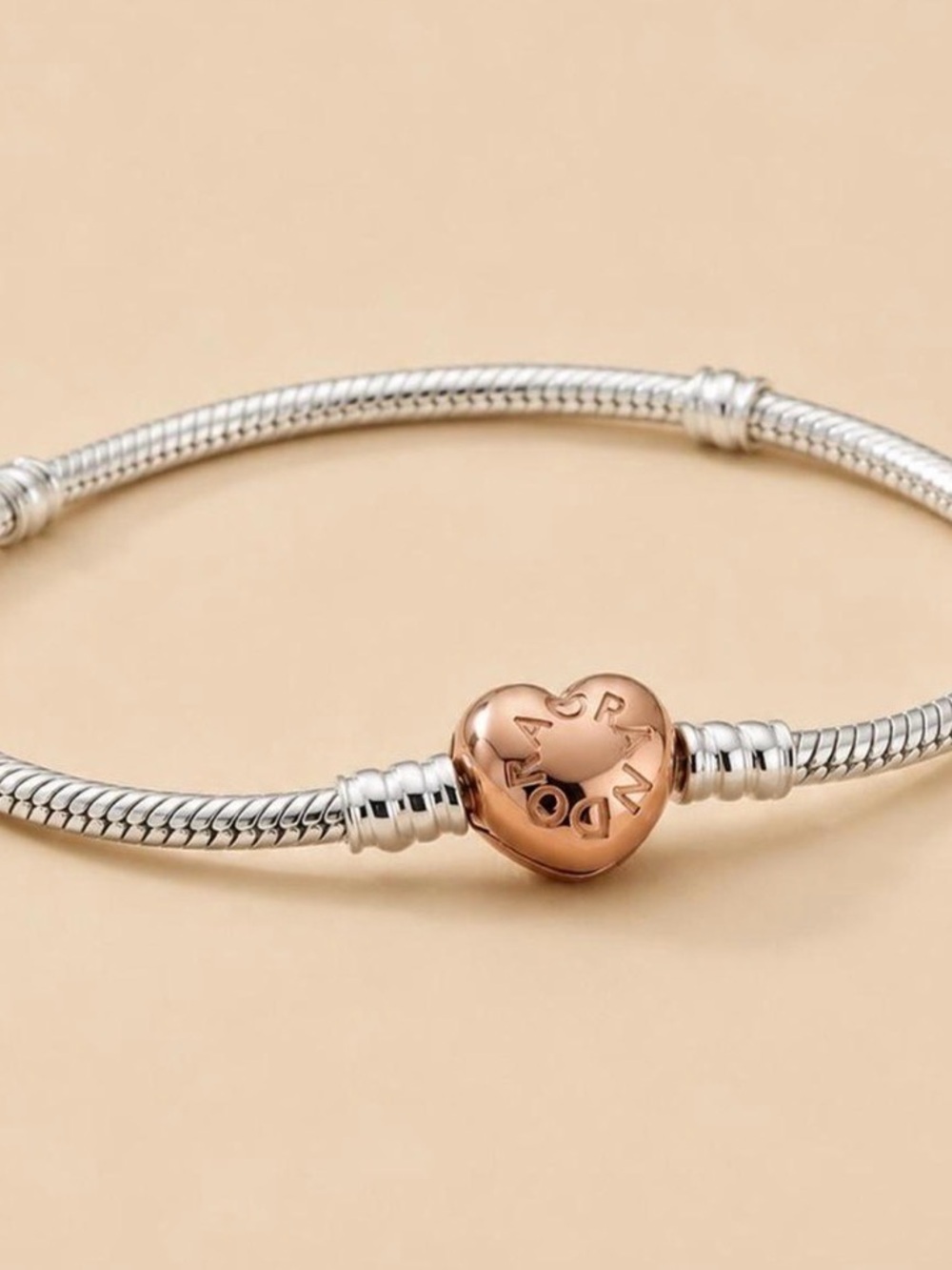 Pandora Silver Snake Bracelet with Rose Gold Heart Clasp